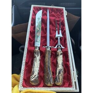 Vintage Anton Wingen Jr. Solingen 3 PC Stag Handle Carving Set in box - engraved